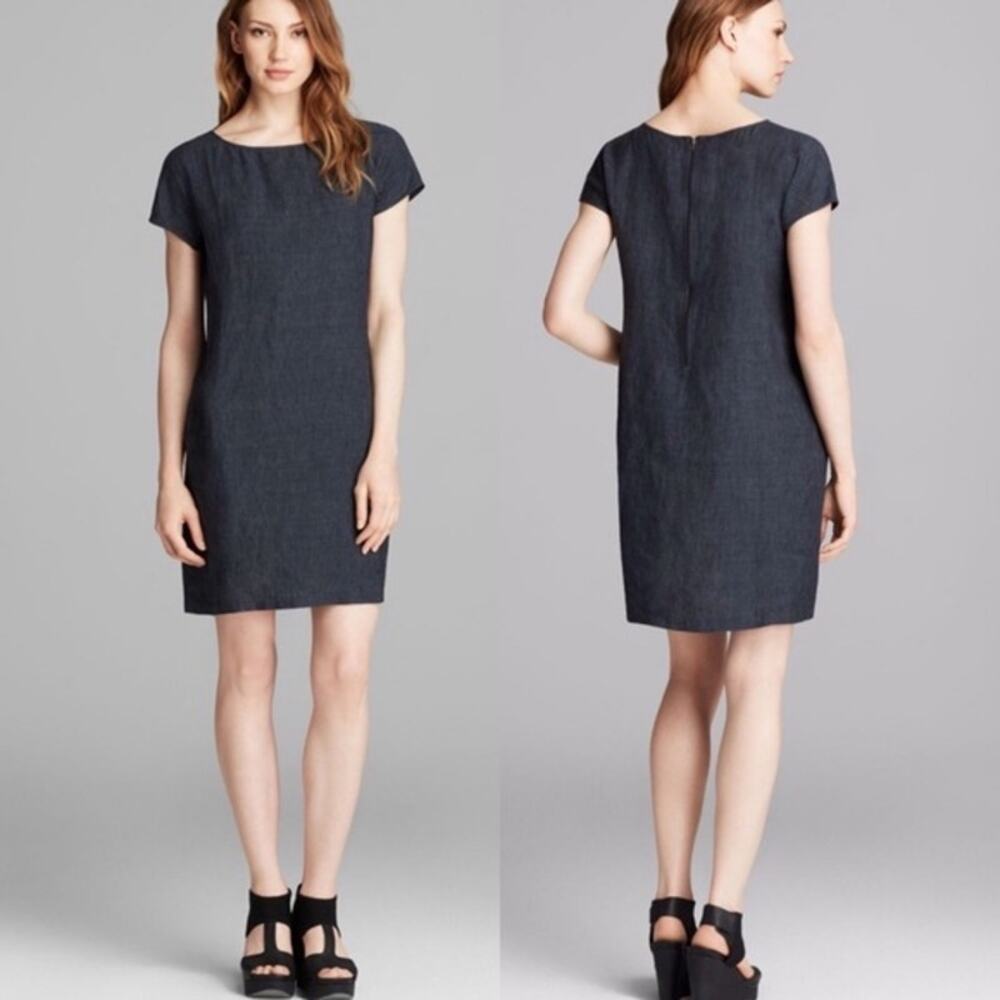 Eileen Fisher Indigo Denim Blue Linen Cap Sleeve Pocket Shift Mini Dress Size XS